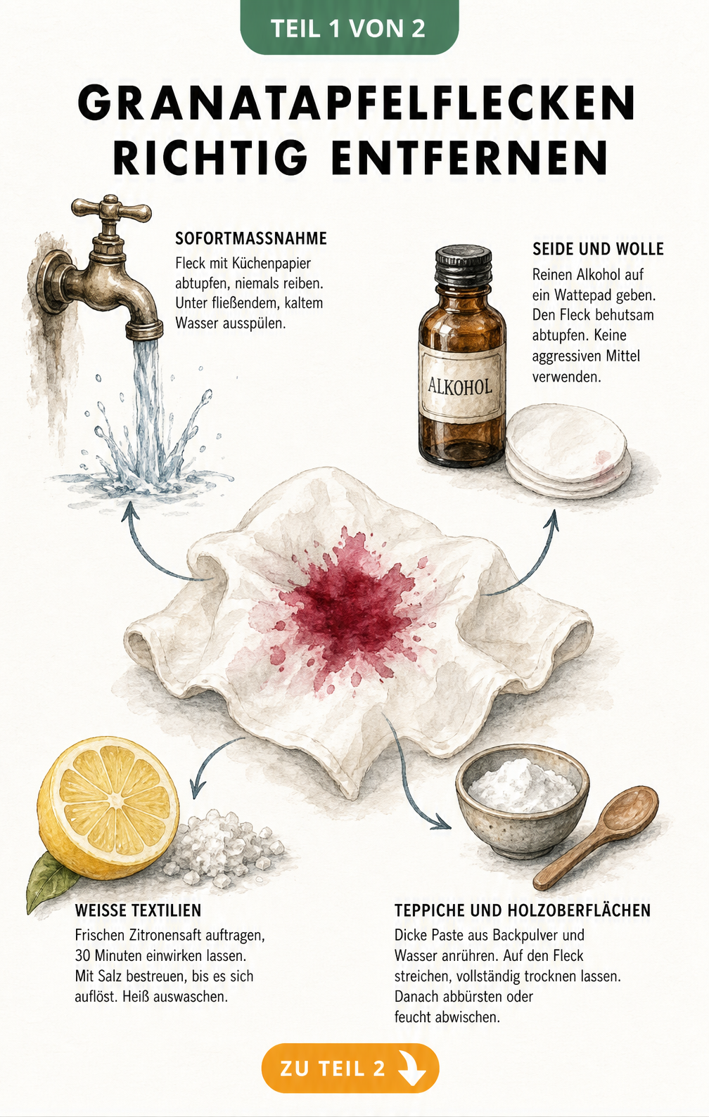 Illustration zur Entfernung von Granatapfelflecken mit Hausmitteln wie Zitrone, Salz und Backpulver
