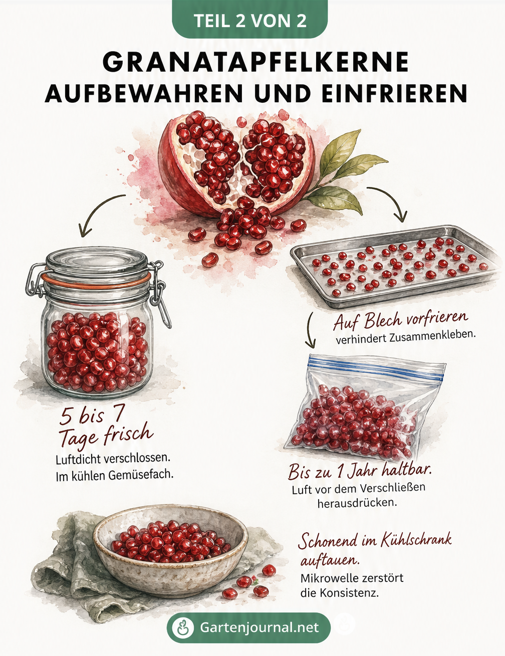 Illustration zur Aufbewahrung und zum Einfrieren von Granatapfelkernen