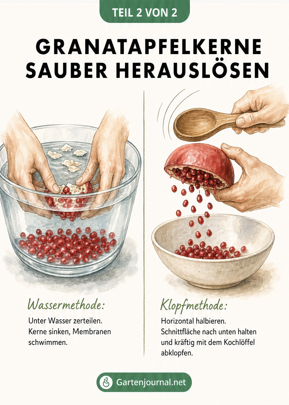 Illustration: Zwei Methoden zum Entkernen eines Granatapfels. Links die Wassermethode in einer Schüssel, rechts die Klopfmethode mit einem Holzlöffel.