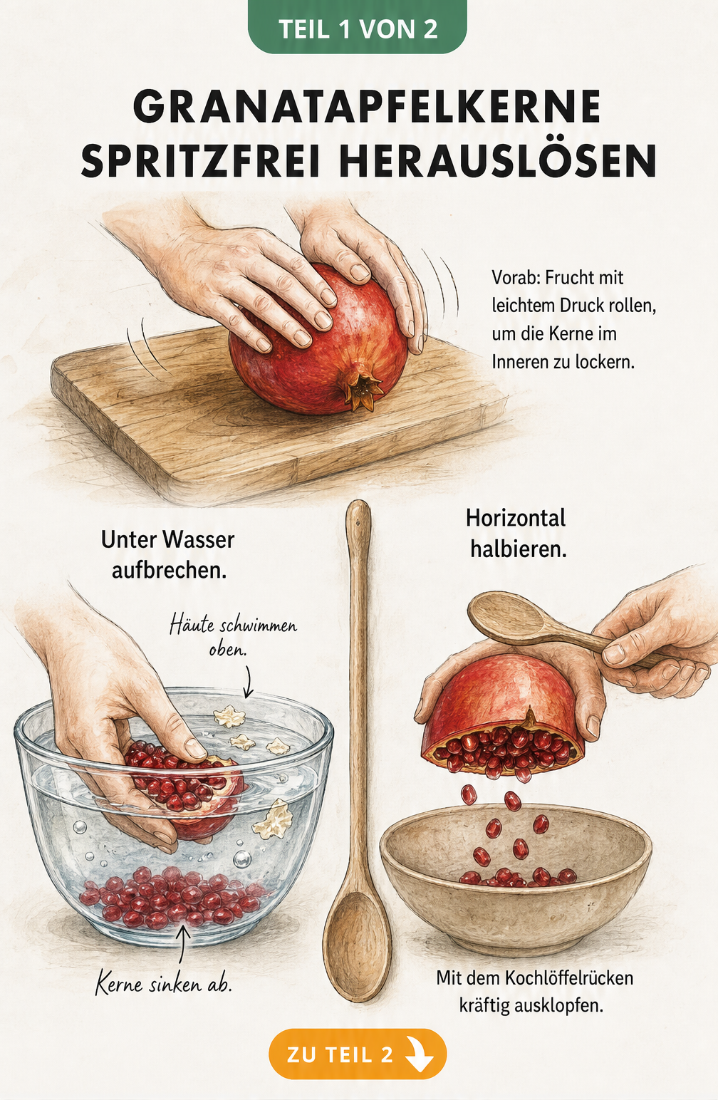 Illustration verschiedener Gerichte mit Granatapfelkernen wie Müsli, Saft und Couscous-Salat mit Nährwertangaben