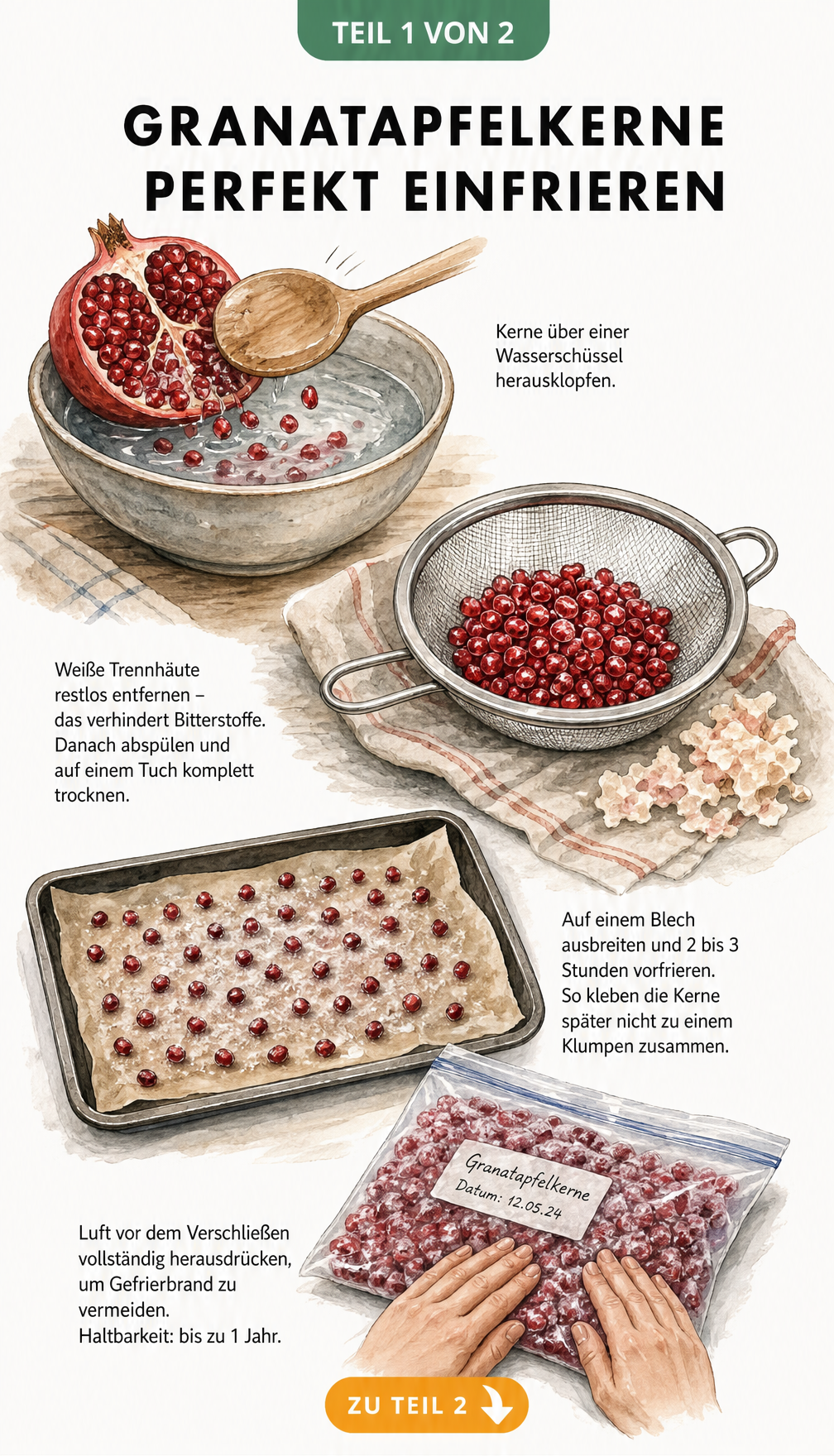 Illustration der vier Schritte zum Einfrieren von Granatapfelkernen: Kerne herausklopfen, waschen, auf einem Blech vorfrieren und im Gefrierbeutel verpacken.
