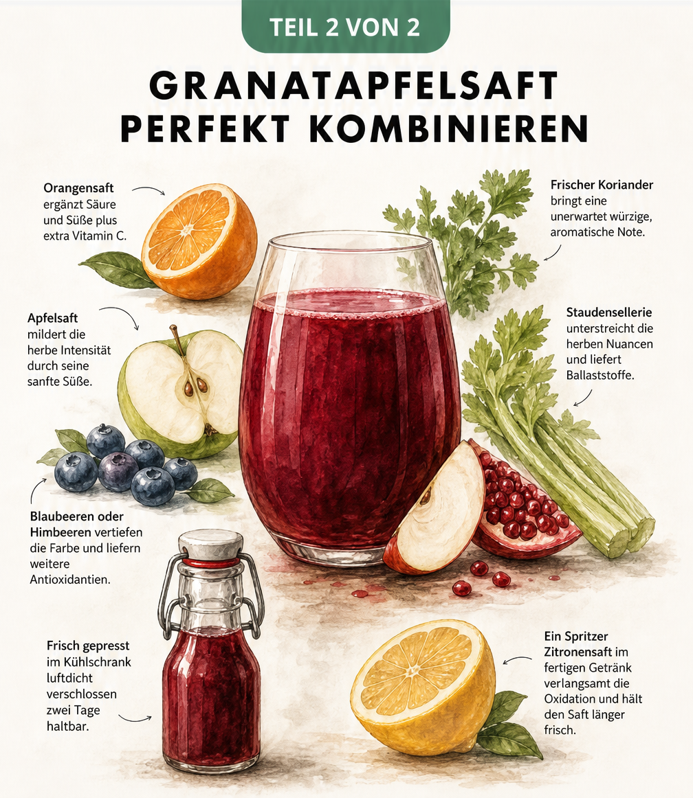 Illustration eines Glases Granatapfelsaft umgeben von Apfel, Orange, Blaubeeren, Koriander und Sellerie