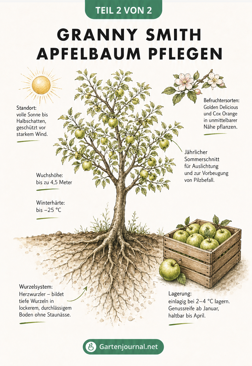 Illustration eines Granny Smith Apfelbaums mit Wurzelwerk, Wuchshöhe, Standortbedingungen und Pflegehinweisen