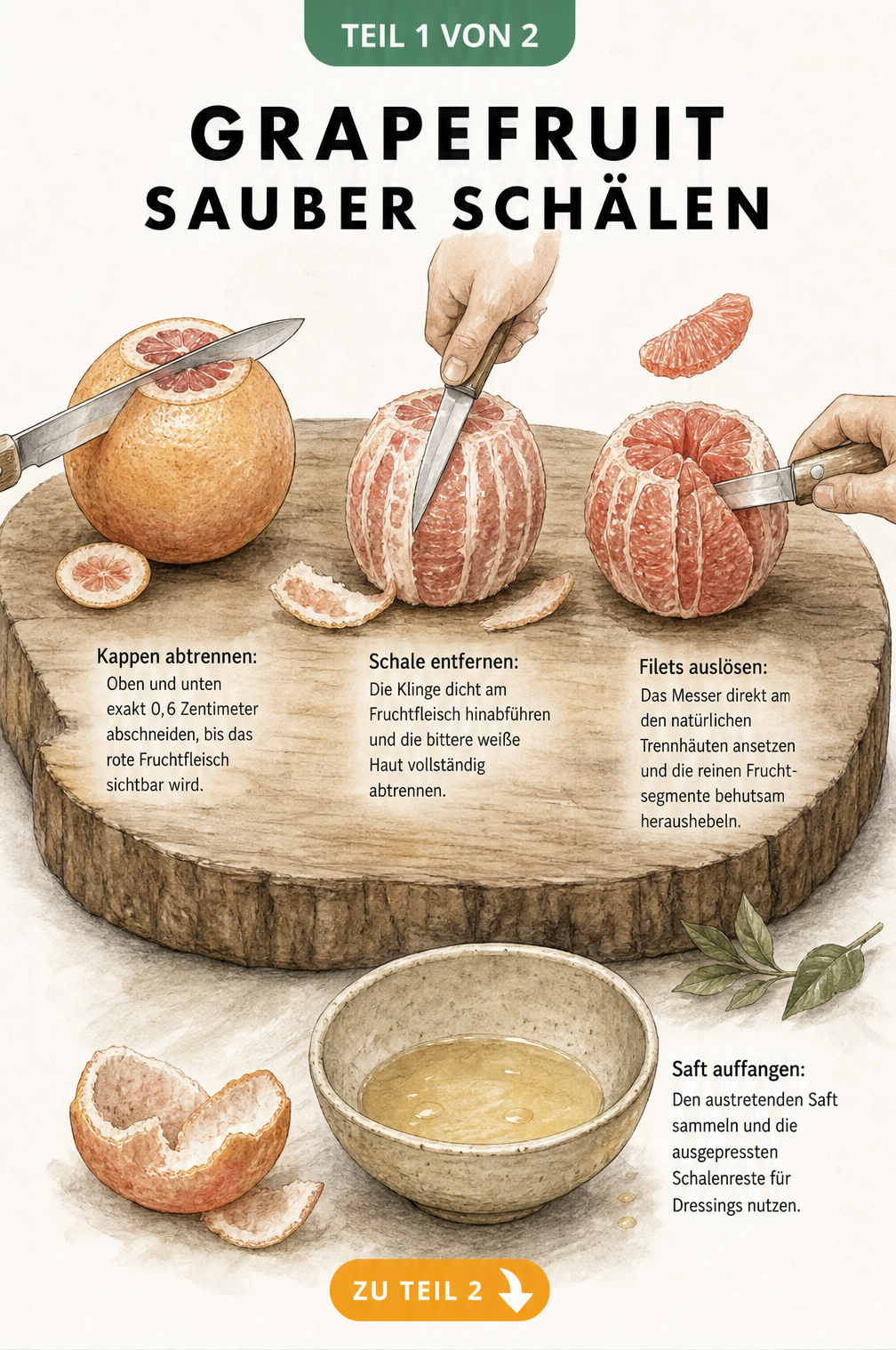 Illustration einer Grapefruit auf einem Schneidebrett, die mit einem Messer geschält und filetiert wird