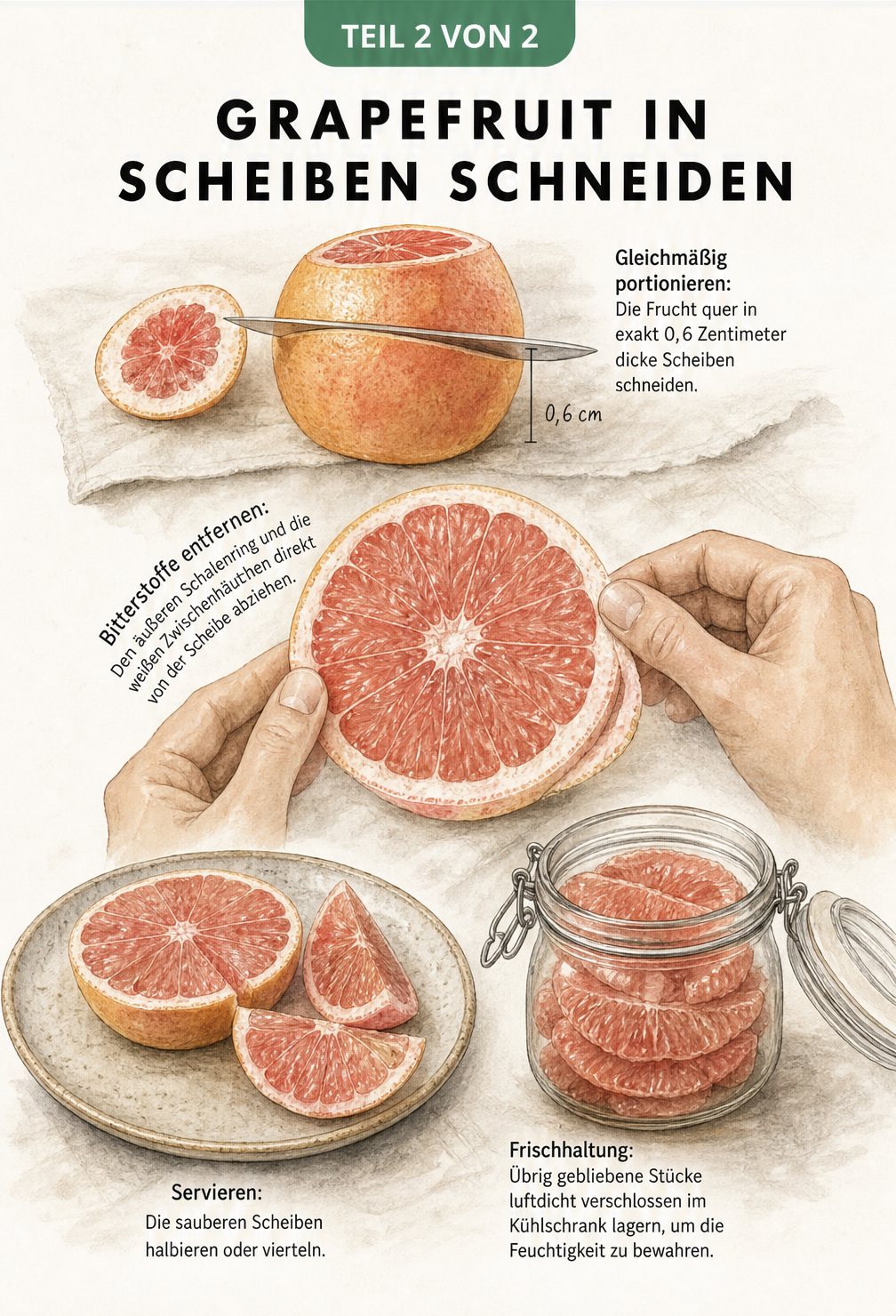 Illustration einer Grapefruit, die in gleichmäßige Scheiben geschnitten wird, mit Tipps zur Lagerung