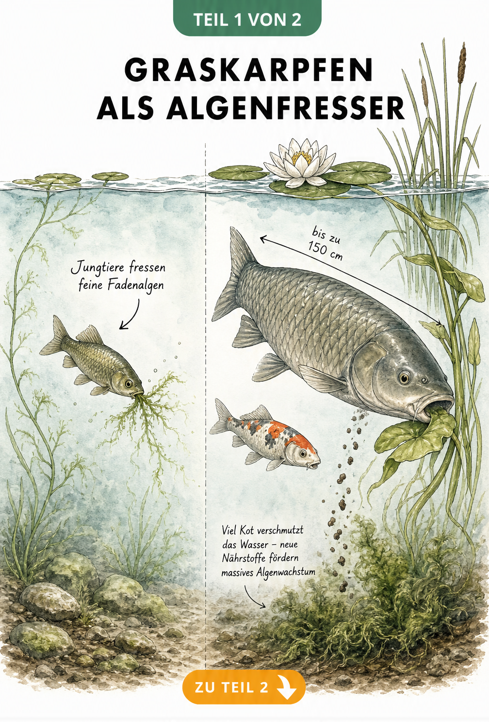 Illustration eines jungen Graskarpfens, der Fadenalgen frisst, im Vergleich zu einem ausgewachsenen Graskarpfen, der Seerosen frisst und durch Kot...