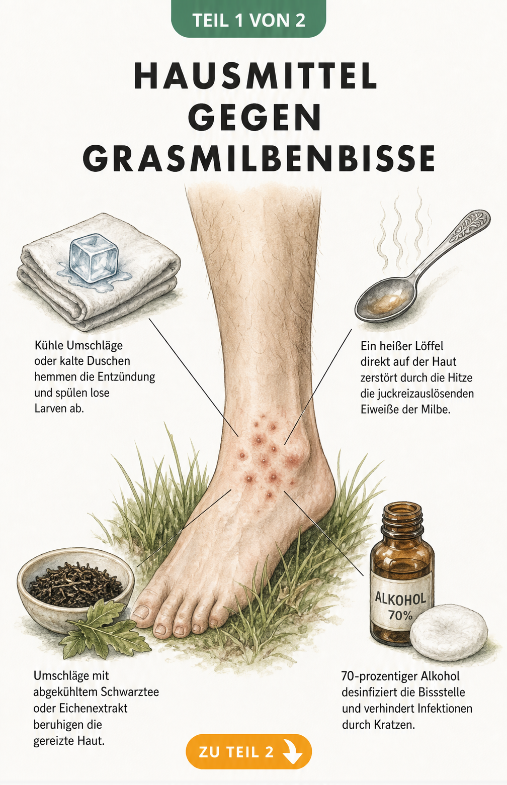 Illustration eines Unterschenkels mit Grasmilbenbissen und vier Hausmitteln: Eiswürfel, heißer Löffel, Schwarztee und Alkohol.