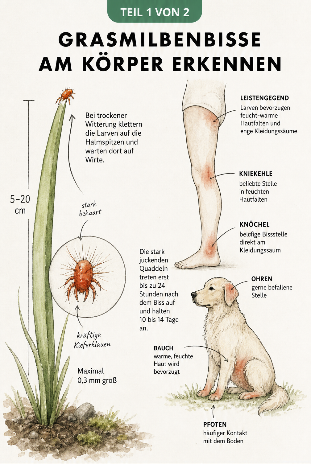 Illustration einer Grasmilbenlarve auf einem Grashalm und Markierung der bevorzugten Bissstellen an Mensch und Hund