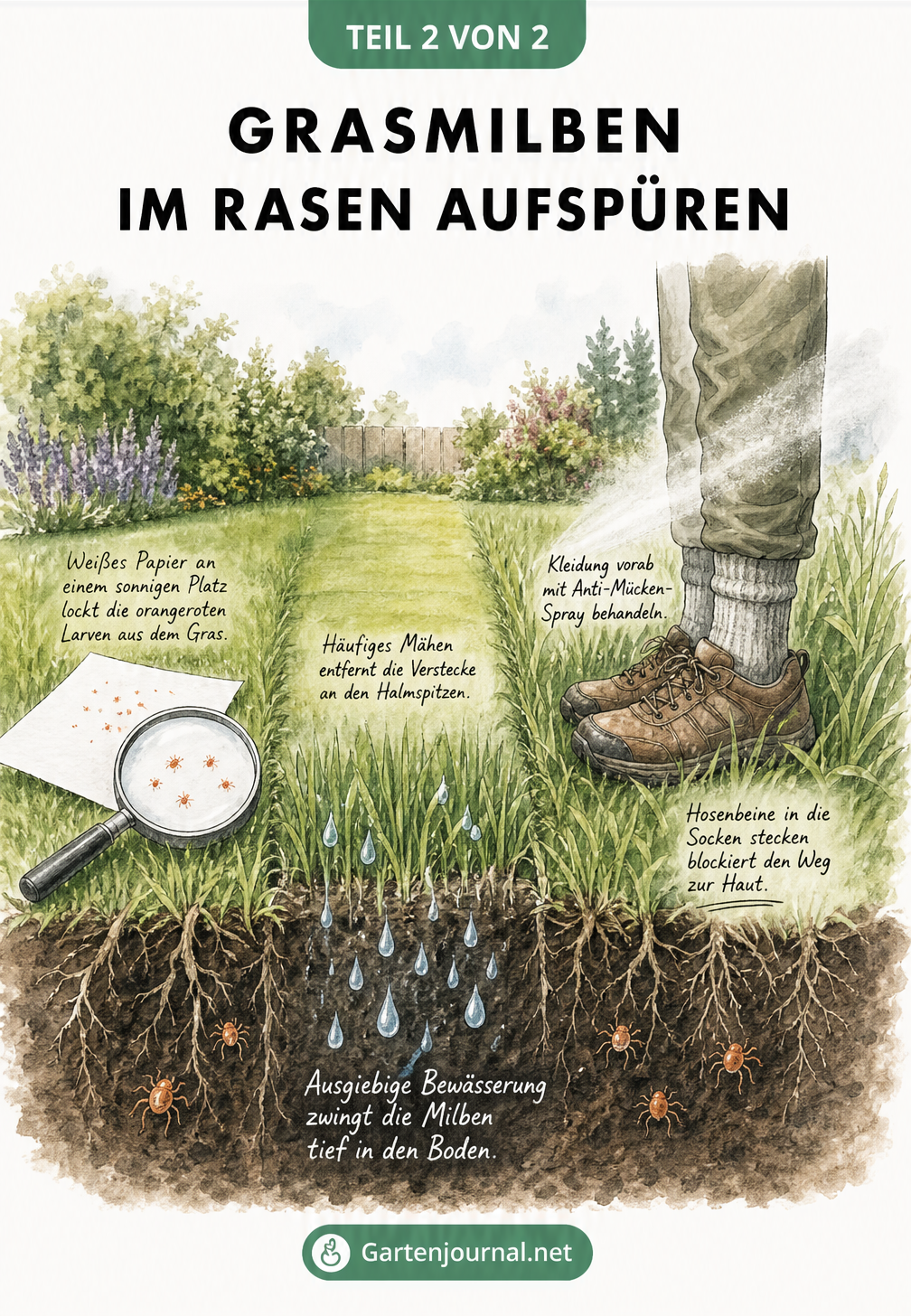 Skizze zur Erkennung und Bekämpfung von Grasmilben im Rasen durch Papiertest, Mähen, Bewässern und Schutzkleidung