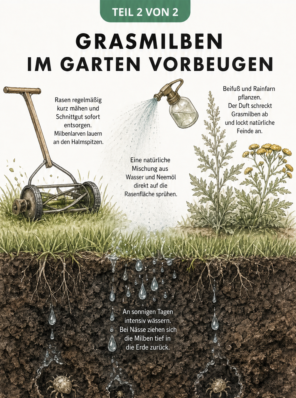 Querschnitt eines Gartens mit Tipps zur Vorbeugung von Grasmilben: Rasen mähen, Beifuß pflanzen, Neemöl sprühen und intensiv wässern.