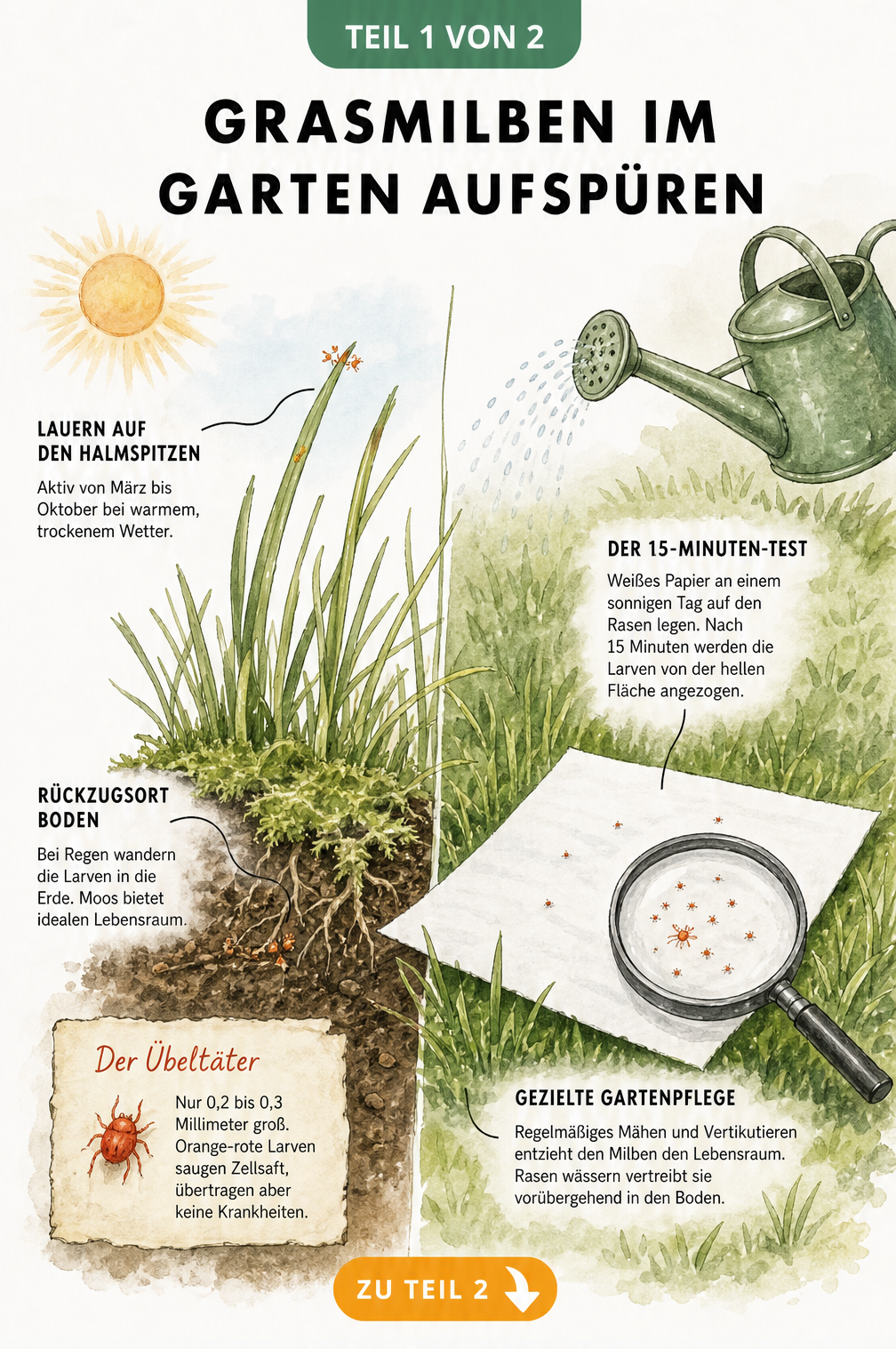 Querschnitt eines Rasens mit Grasmilben an den Halmspitzen und einem Papiertest zum Nachweis der Larven