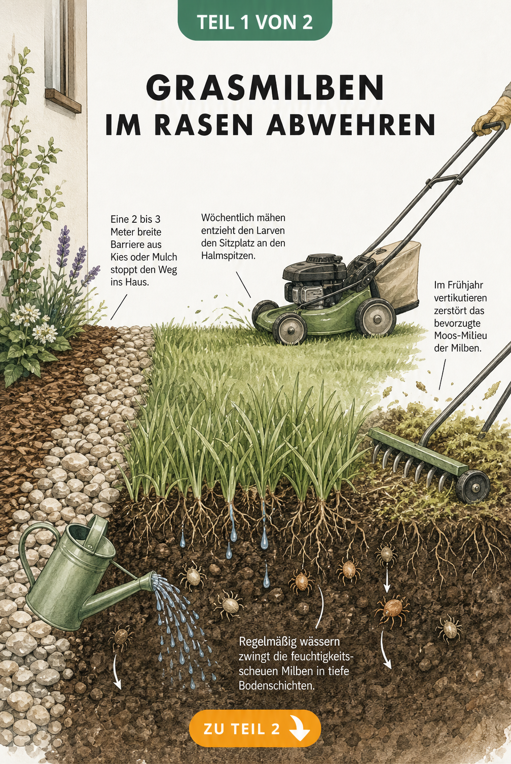 Querschnitt eines Gartens mit Rasenmäher, Gießkanne und Vertikutierer zur Abwehr von Grasmilben