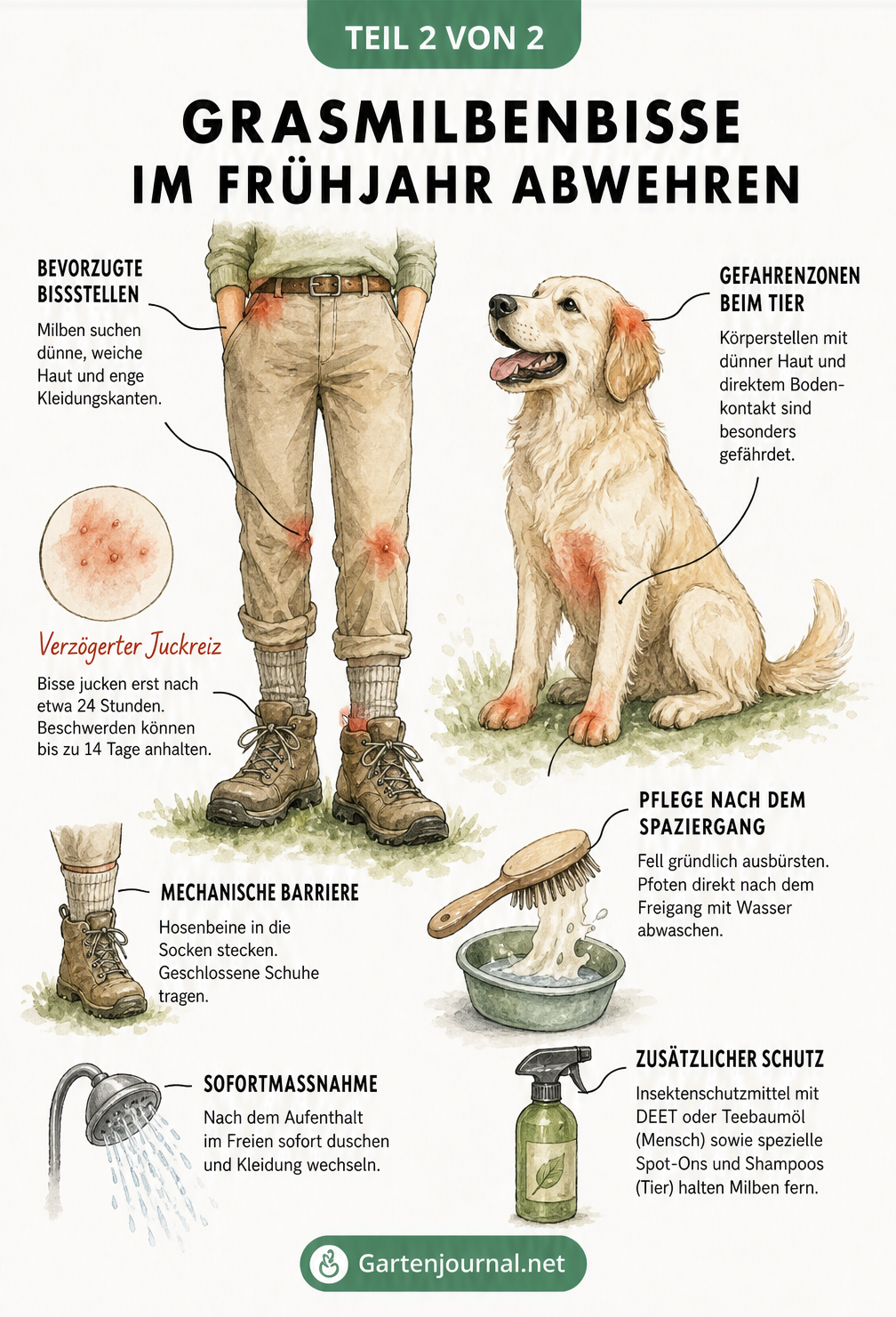 Illustration von Mensch und Hund mit markierten Gefahrenzonen für Grasmilbenbisse und Tipps zur Abwehr