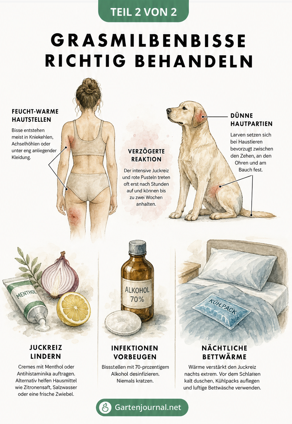Illustration von Mensch und Hund mit markierten Bissstellen von Grasmilben sowie Hausmitteln zur Linderung des Juckreizes.