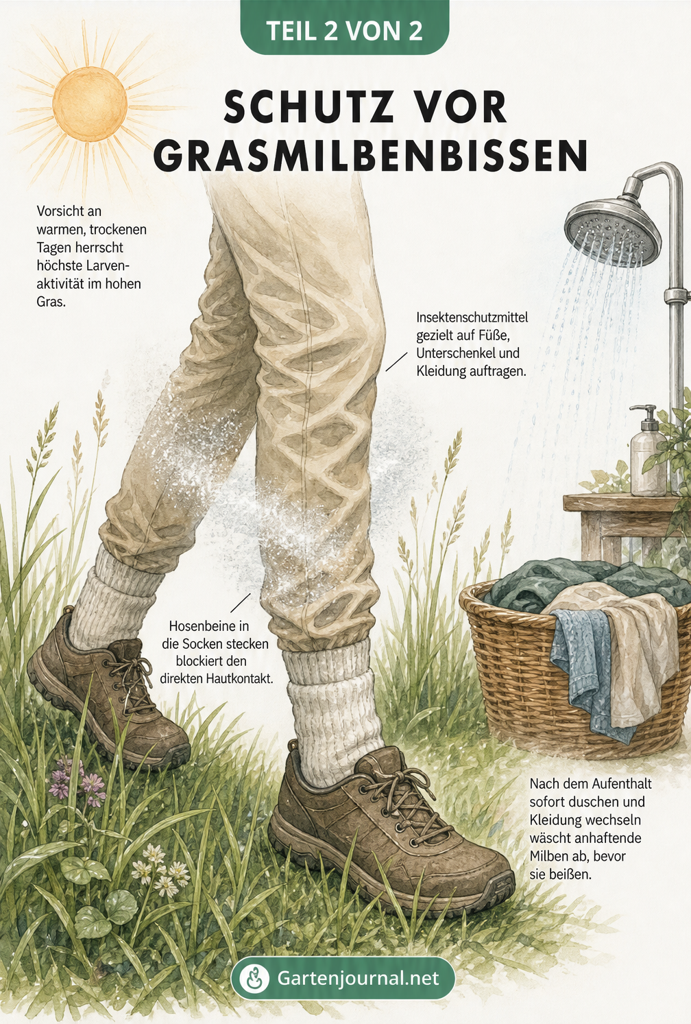 Illustration einer Person im hohen Gras mit festen Schuhen, Socken und Insektenschutzmittel