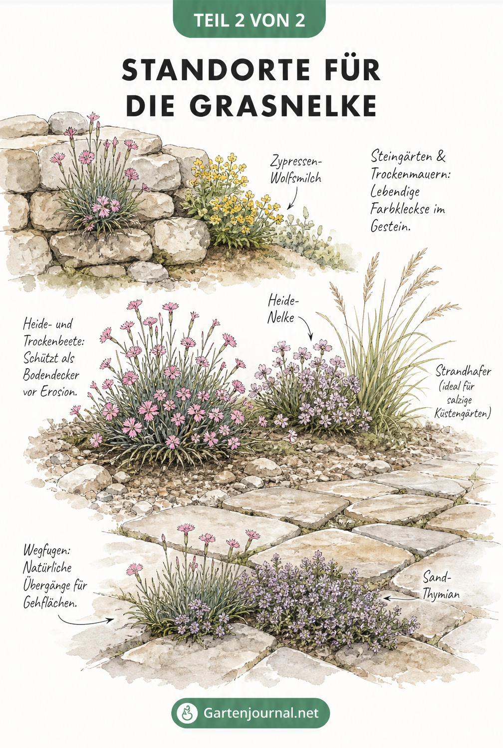 Illustration einer Gartenlandschaft mit Grasnelken in Steingarten, Trockenbeet und Wegfugen