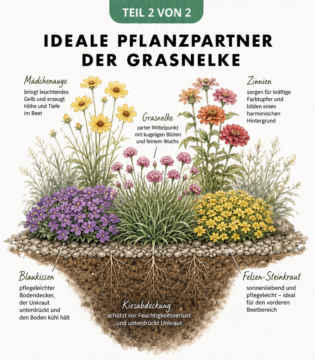 Botanische Querschnitt-Zeichnung eines Staudenbeets mit Grasnelken, Blaukissen, Felsen-Steinkraut, Mädchenauge und Zinnien.