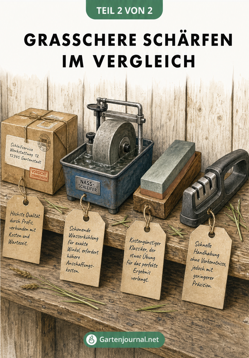 Vergleich verschiedener Methoden zum Schärfen einer Grasschere: Schleifservice, Nassschleifmaschine, Schleifstein und Messerschärfer