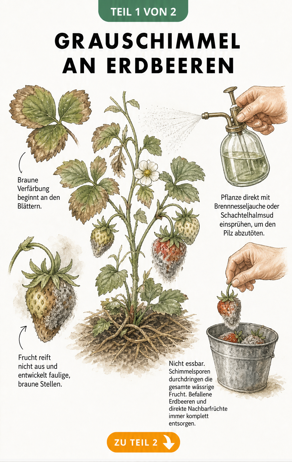 Illustration einer Erdbeerpflanze mit Grauschimmel-Befall an Blättern und Früchten sowie Tipps zur Bekämpfung