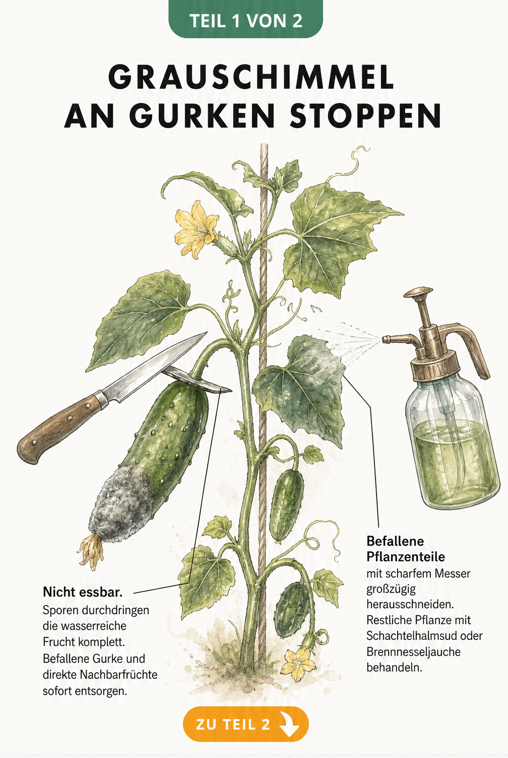 Botanische Illustration einer Gurkenpflanze mit Grauschimmel an der Frucht und Hinweisen zum Abschneiden befallener Teile