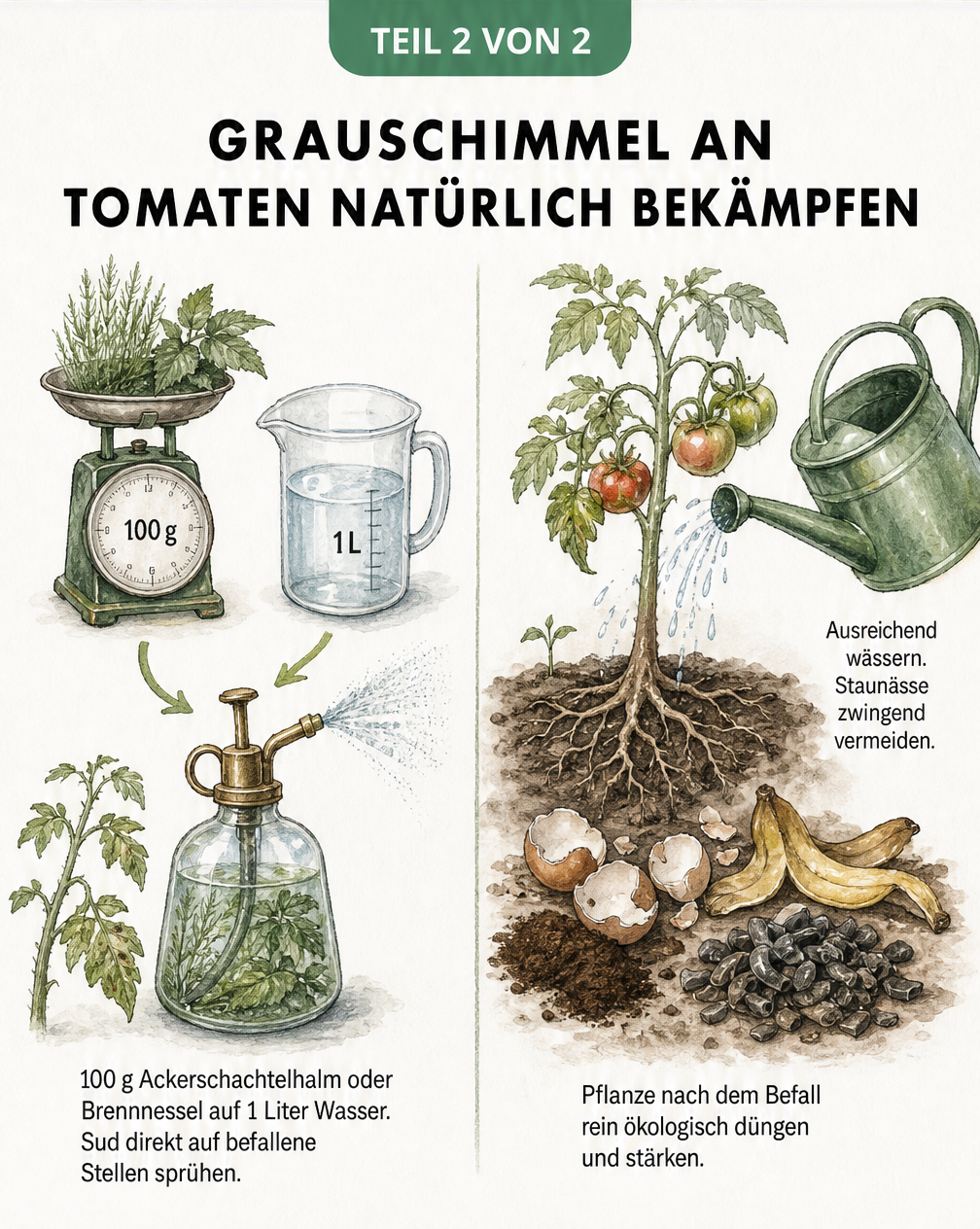 Illustration zur Herstellung von Ackerschachtelhalm-Sud und ökologischer Düngung von Tomatenpflanzen