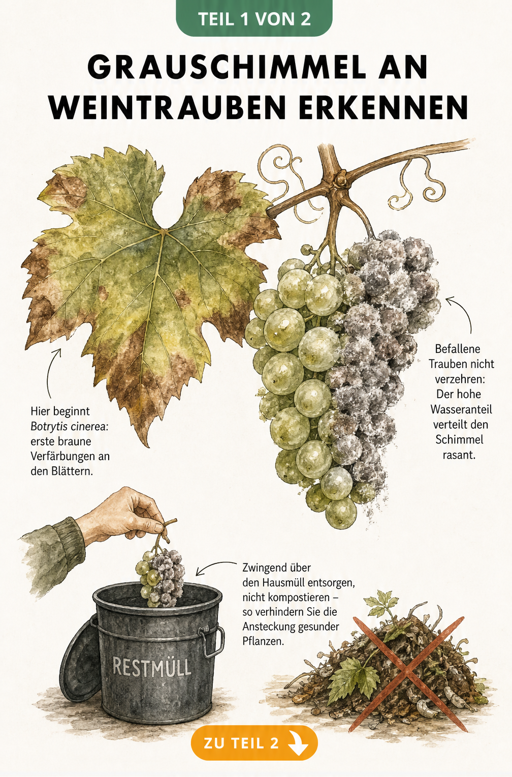 Botanische Illustration eines Weinrebenzweigs mit Grauschimmel an Blättern und Trauben sowie Entsorgung in der Restmülltonne