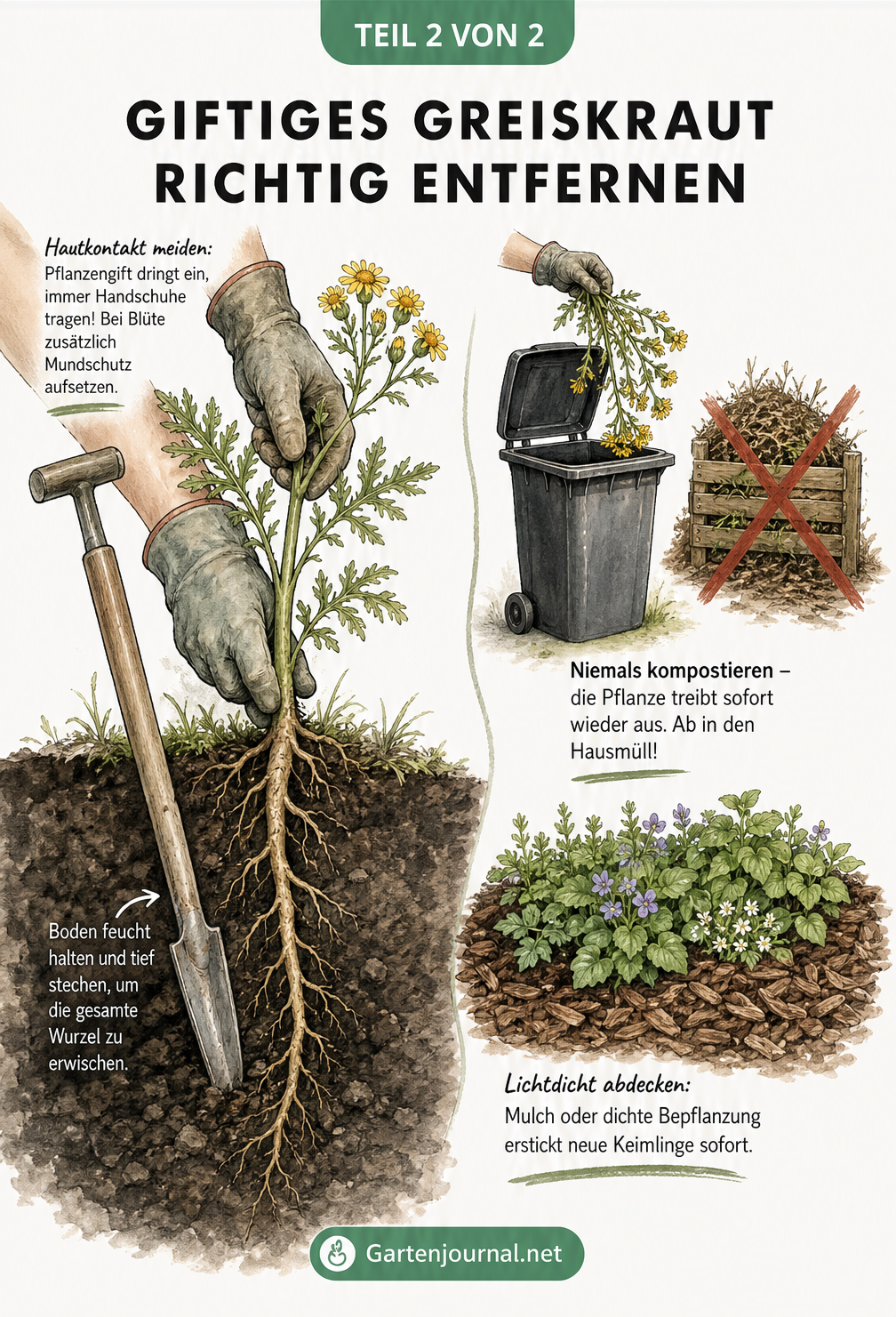 Illustration zur sicheren Entfernung von Greiskraut mit Handschuhen und Unkrautstecher sowie Hinweisen zur Entsorgung im Hausmüll und Vorbeugung durch Mulch.
