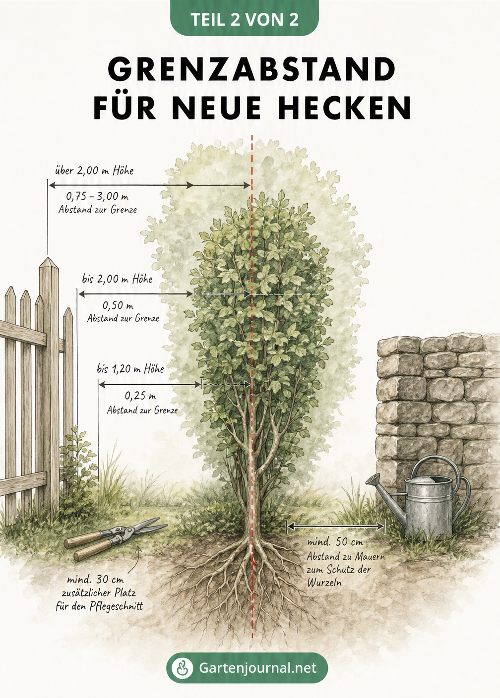 Querschnitt einer Hecke mit Maßangaben für den gesetzlichen Grenzabstand zum Nachbarzaun und zu Mauern