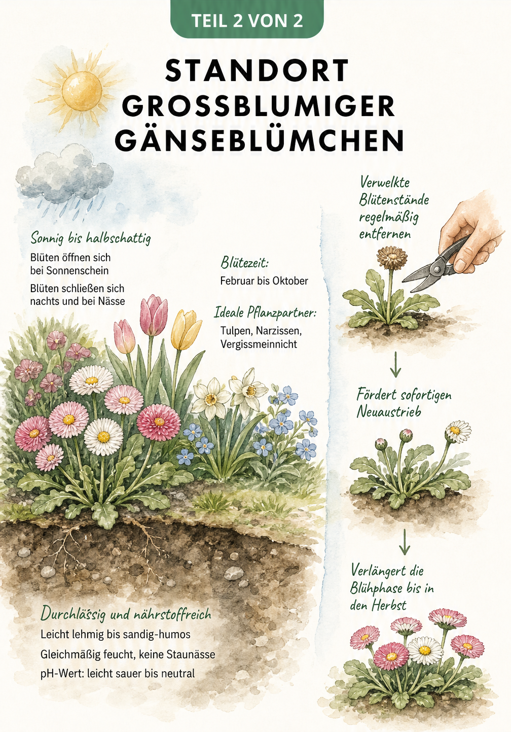 Aquarellierte Gartenszene mit großblumigem Gänseblümchen, Bodenbeschaffenheit und Pflege-Tipp zum Entfernen verwelkter Blüten