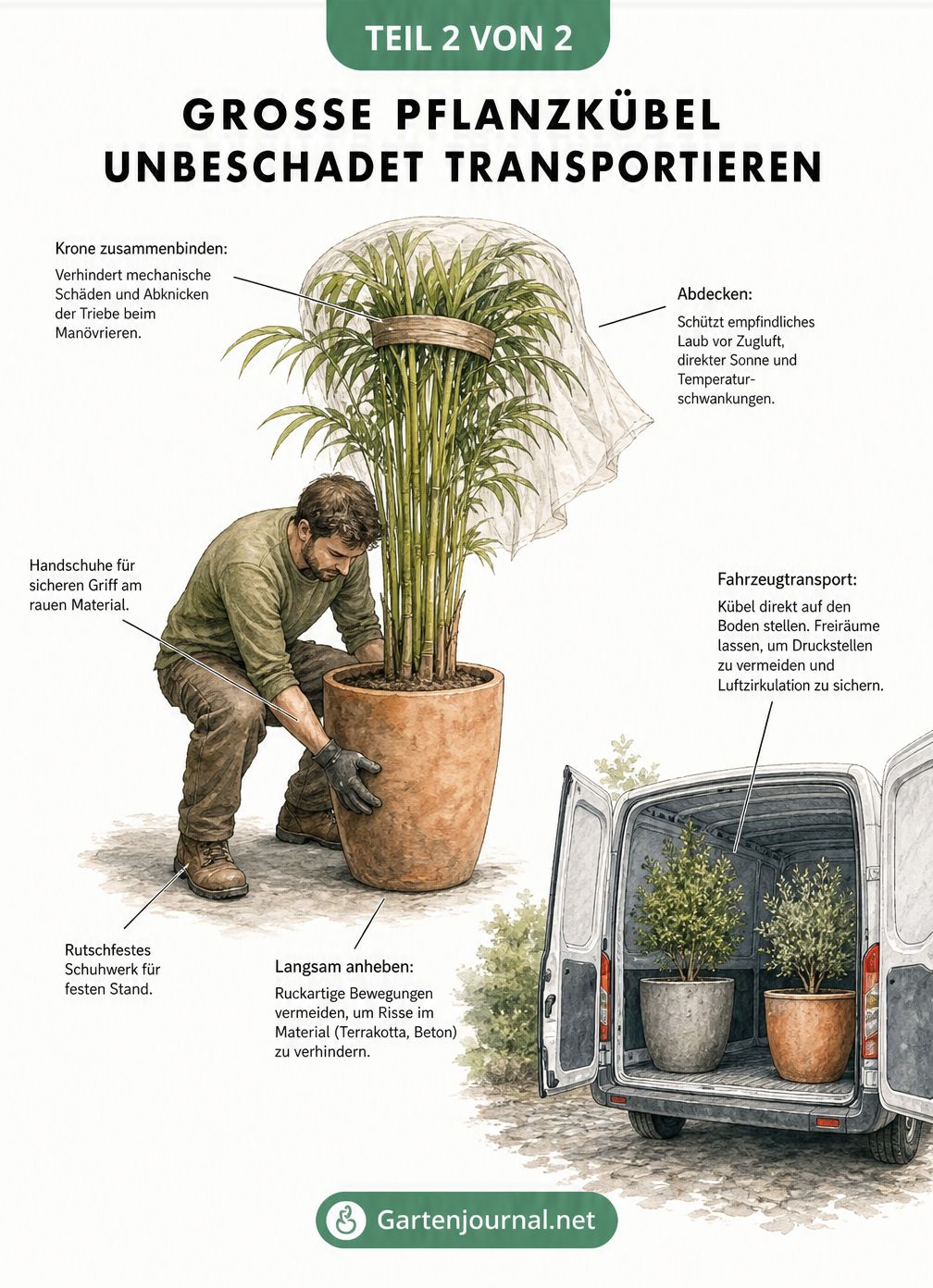 Illustration einer Person, die einen großen Pflanzkübel für den Transport vorbereitet, mit Hinweisen zum Zusammenbinden der Krone, Abdecken der Blätter und...