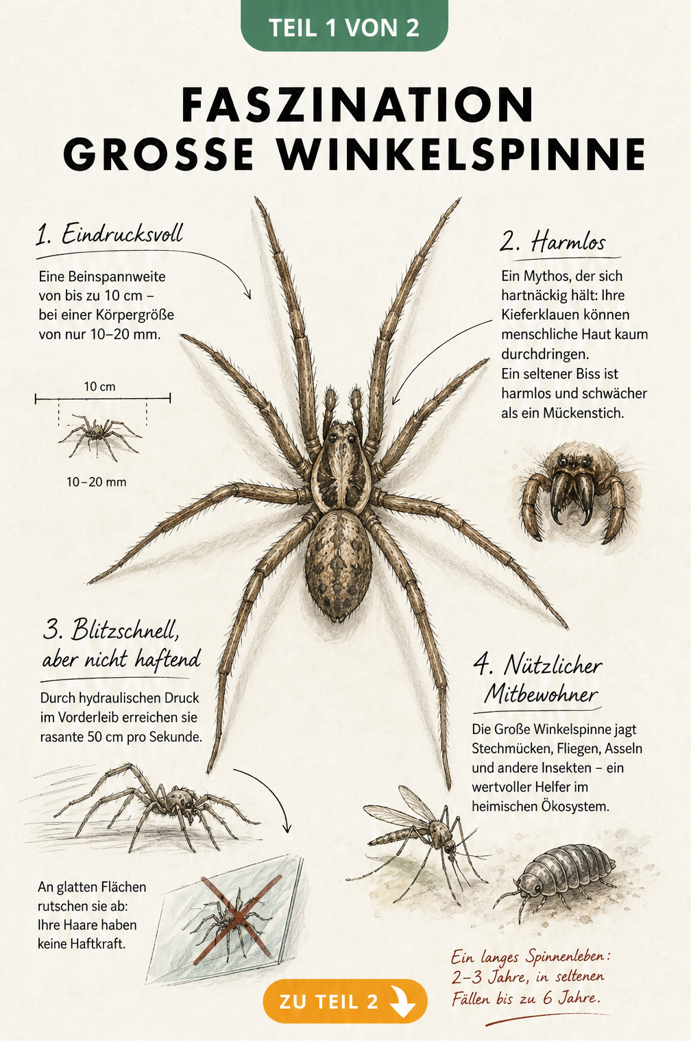 Historische Illustration der Großen Winkelspinne mit Details zu Beinspannweite, Kieferklauen und Laufapparat