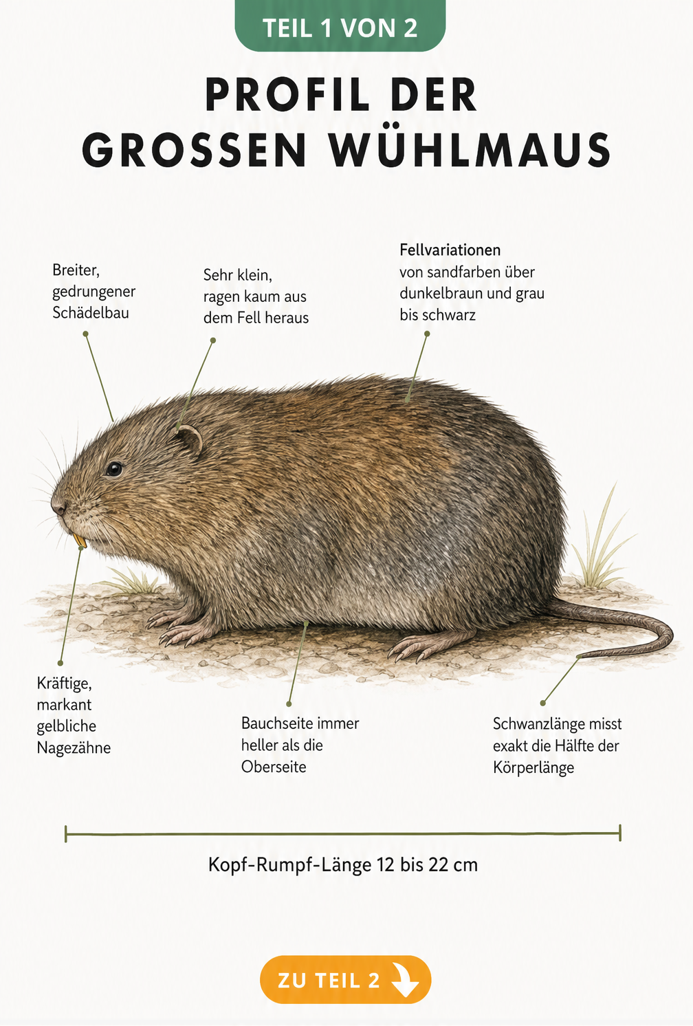 Illustration einer Großen Wühlmaus mit Maßstab und Beschriftungen zu Körperbau, Fell und Zähnen