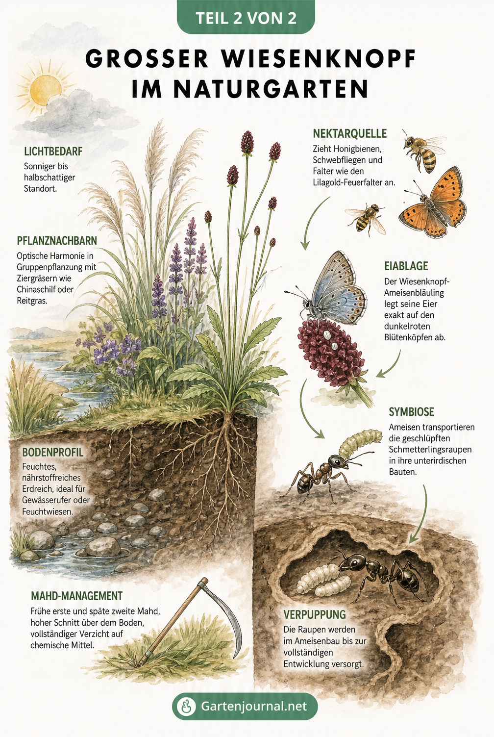 Querschnitt eines Naturgartens mit dem Großen Wiesenknopf, der Standortbedingungen und das ökologische Netzwerk mit Ameisen und Schmetterlingen zeigt
