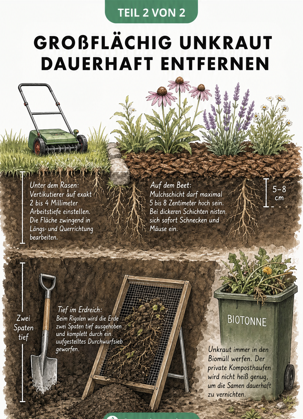 Querschnitt durch eine Gartenlandschaft mit Methoden zur großflächigen Unkrautentfernung in Rasen und Beet