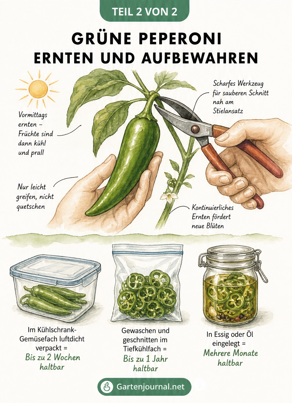 Illustration zum Ernten von Peperoni mit einer Gartenschere und drei Methoden zur Aufbewahrung