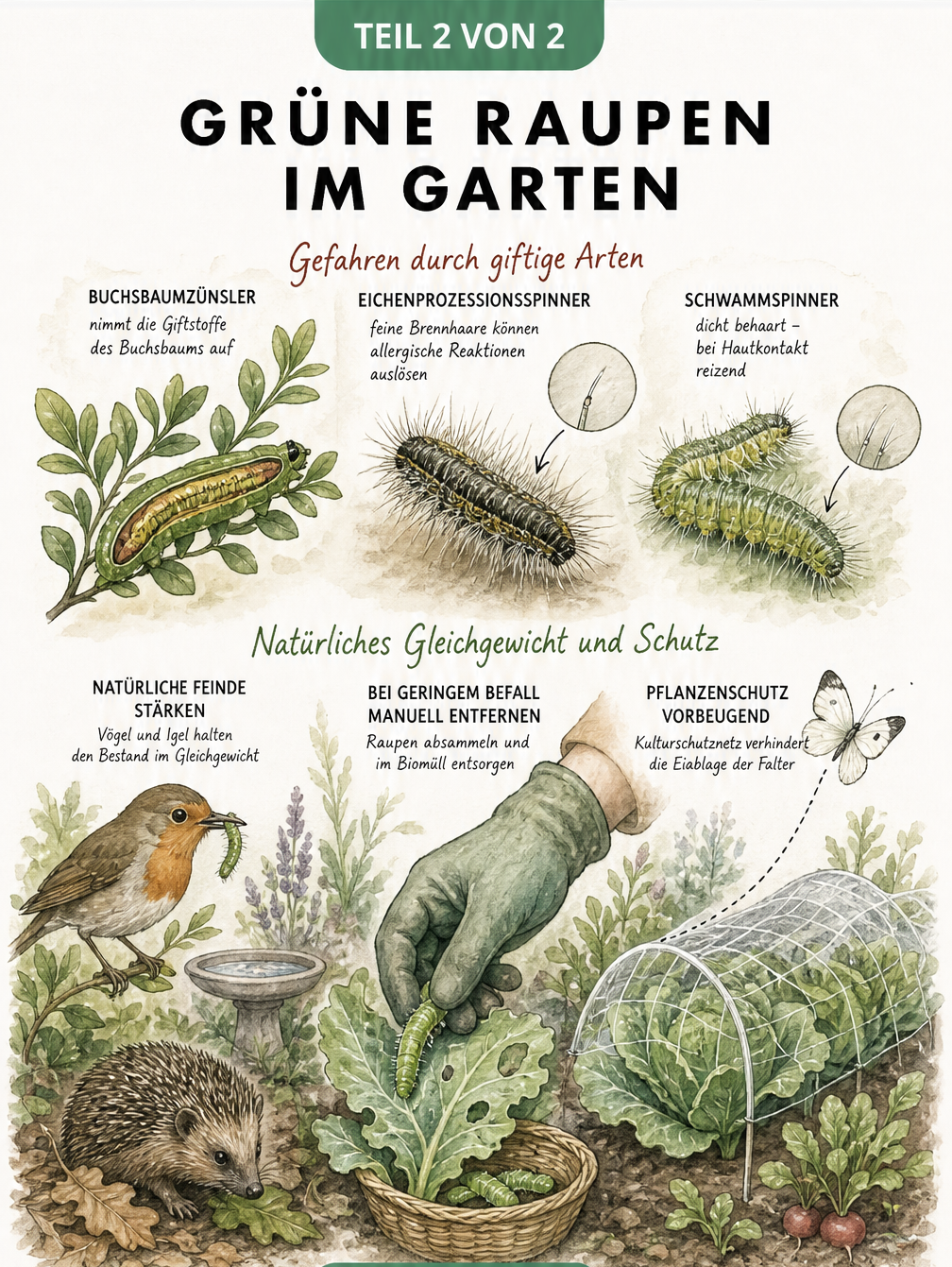 Gartenszene mit giftigen Raupen, natürlichen Fressfeinden wie Vogel und Igel sowie Pflanzenschutzmaßnahmen