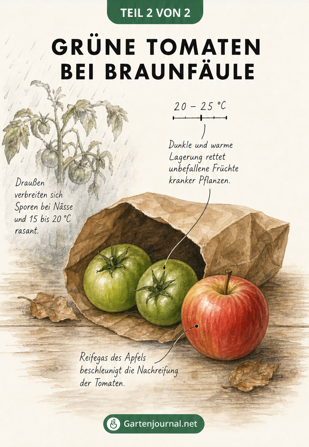 Illustration von grünen Tomaten und einem Apfel in einer Papiertüte zur Nachreifung
