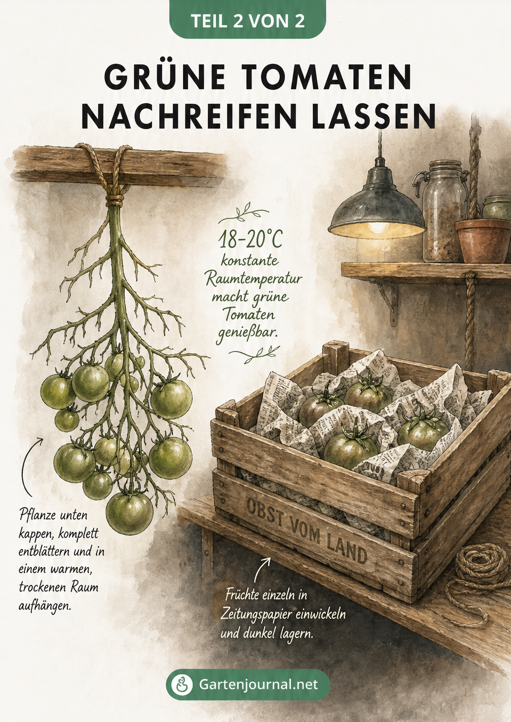 Zeichnung einer Vorratskammer, in der grüne Tomaten an der Pflanze hängend und in einer Kiste mit Zeitungspapier nachreifen.