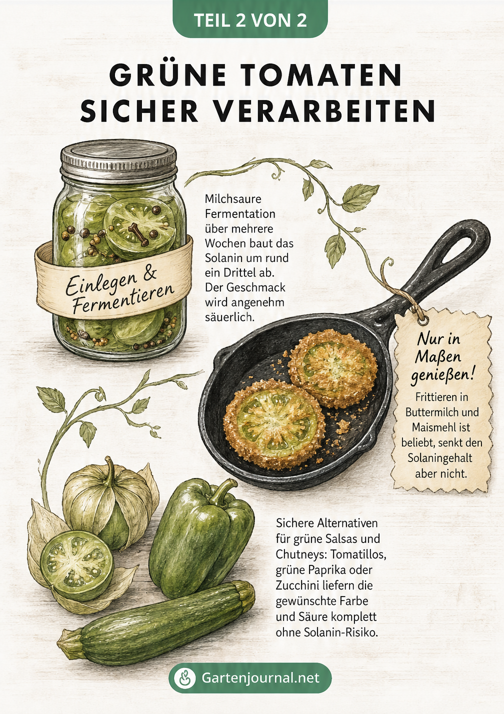 Illustration von drei Verarbeitungsstationen für grüne Tomaten: Einmachen im Glas, Frittieren in der Pfanne und sichere Alternativen wie Tomatillos.