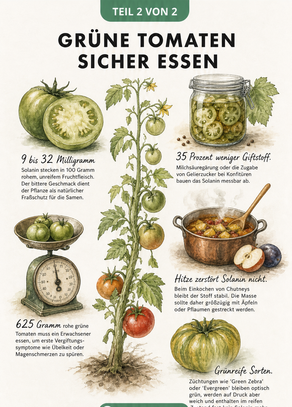 Schautafel, die den Solaningehalt in unreifen grünen Tomaten erklärt und sichere Verarbeitungswege wie Einwecken oder grüne Sorten zeigt.