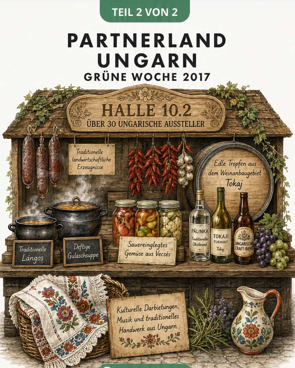Illustration eines rustikalen Marktstandes aus dunklem Holz, der ungarische Spezialitäten wie Salami, Paprika, Lángos, Gulaschsuppe und Weine aus Tokaj...