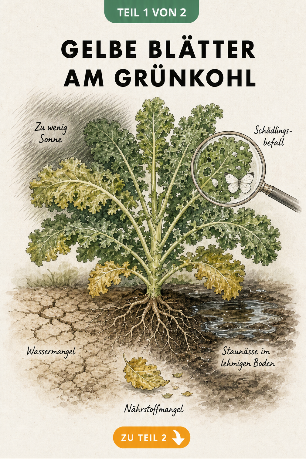 Illustration einer Grünkohlpflanze mit gelben Blättern, die Ursachen wie Wassermangel, Staunässe, zu wenig Sonne, Schädlingsbefall und Nährstoffmangel zeigt.