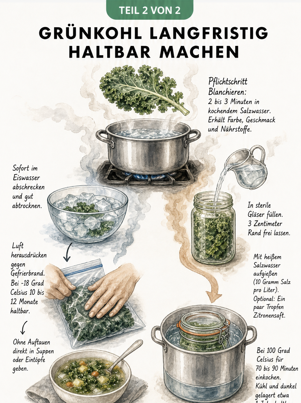 Illustration zum Einfrieren und Einkochen von Grünkohl