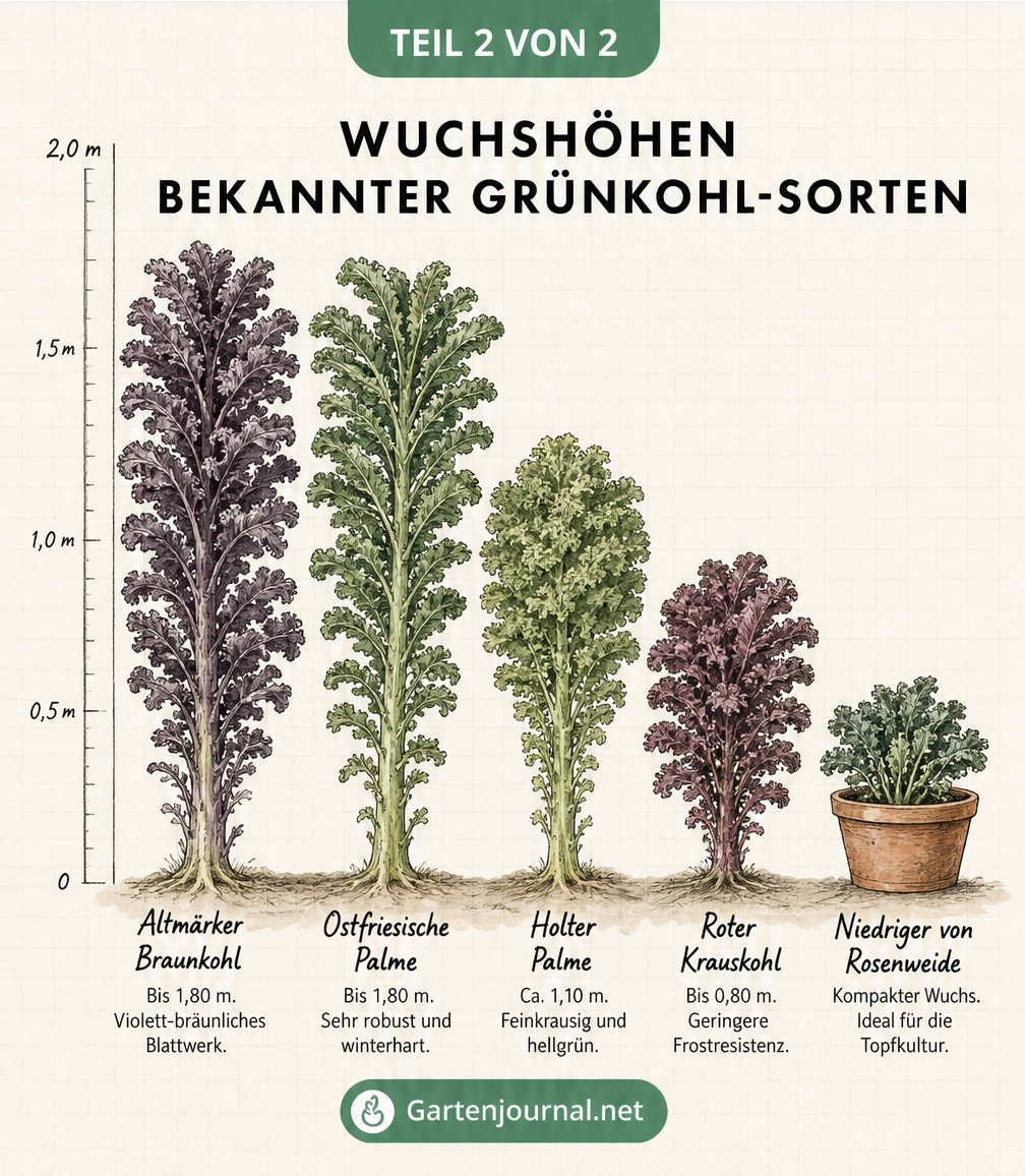 Vergleich von fünf verschiedenen Grünkohlsorten mit ihren Wuchshöhen von 0,8 bis 1,8 Metern
