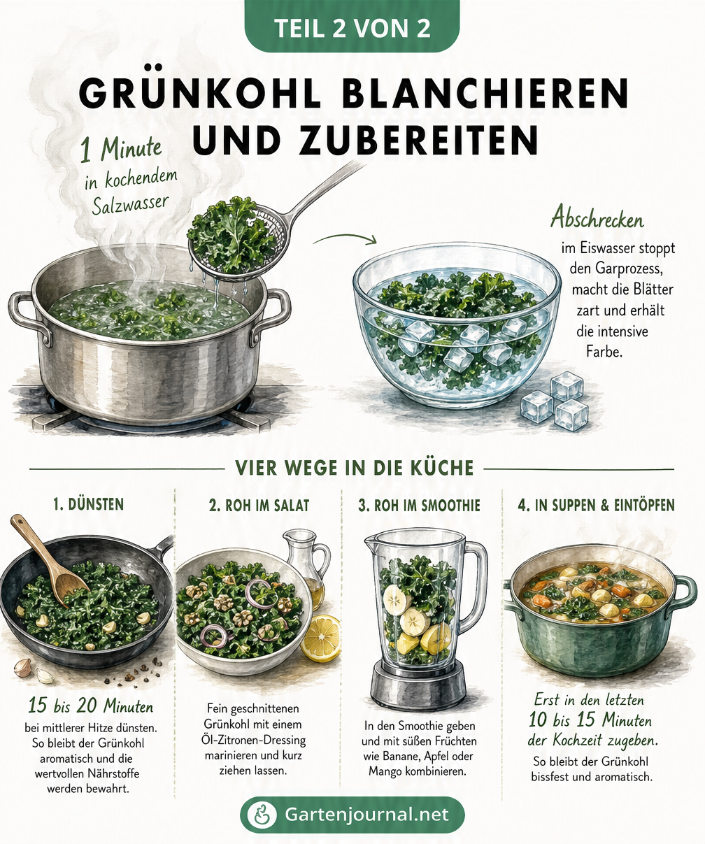 Illustration: Drei Methoden zum Grünkohl waschen - Abspülen, Wasserbad und Salzlösung