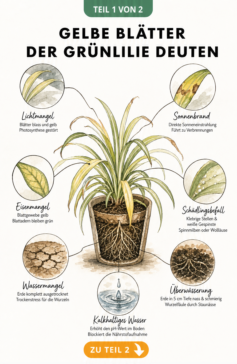 Illustration einer Grünlilie mit gelben Blättern und Lupen, die Ursachen wie Lichtmangel, Sonnenbrand, Eisenmangel, Schädlinge, Wassermangel, Überwässerung und...