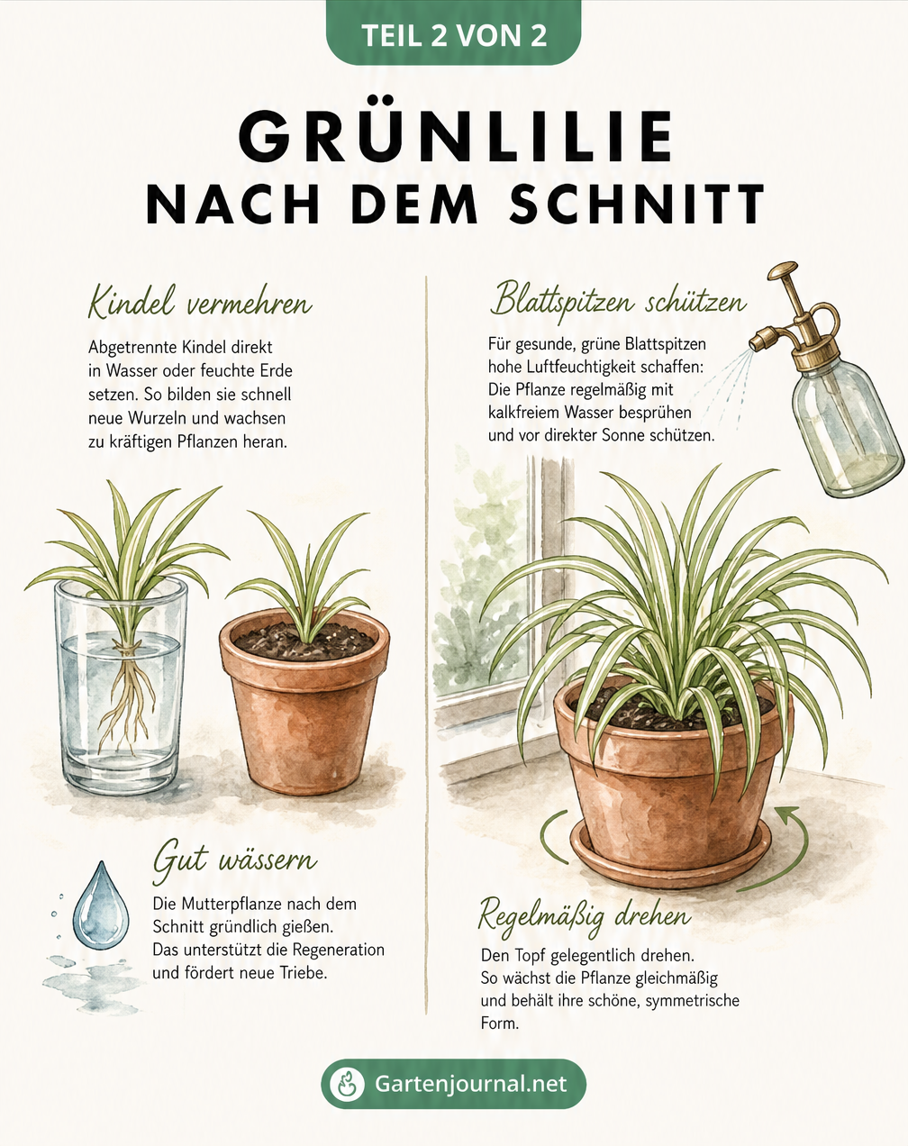 Illustration zur Pflege der Grünlilie nach dem Schnitt mit Ableger im Wasserglas und Pflanze am Fenster
