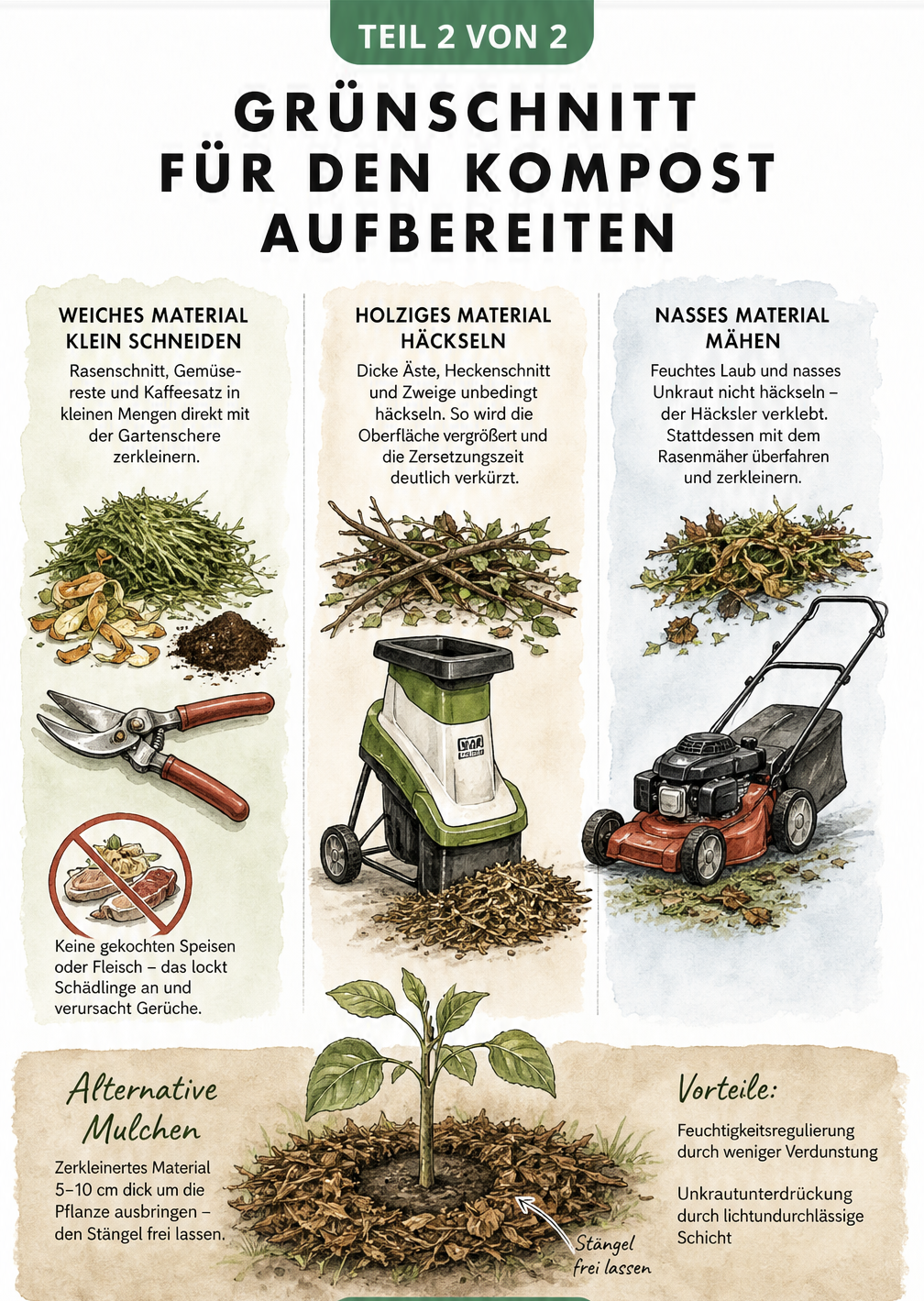 Illustration zur Aufbereitung von Grünschnitt: Zerkleinern mit Schere, Häcksler und Rasenmäher