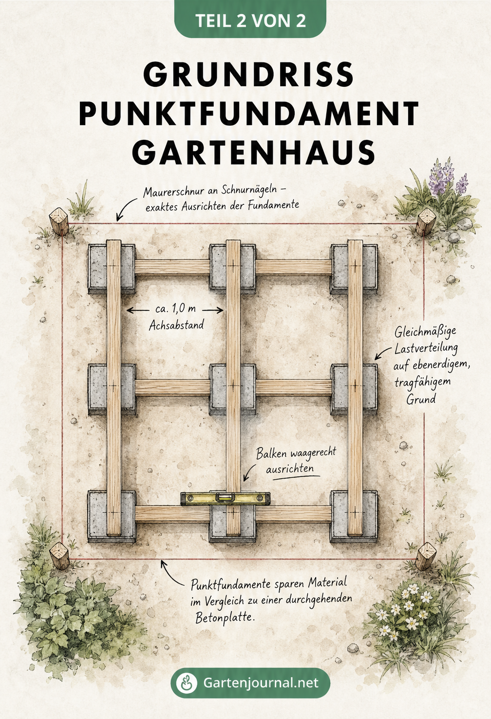 Grundriss eines Punktfundaments für ein Gartenhaus mit neun Fundamentpunkten