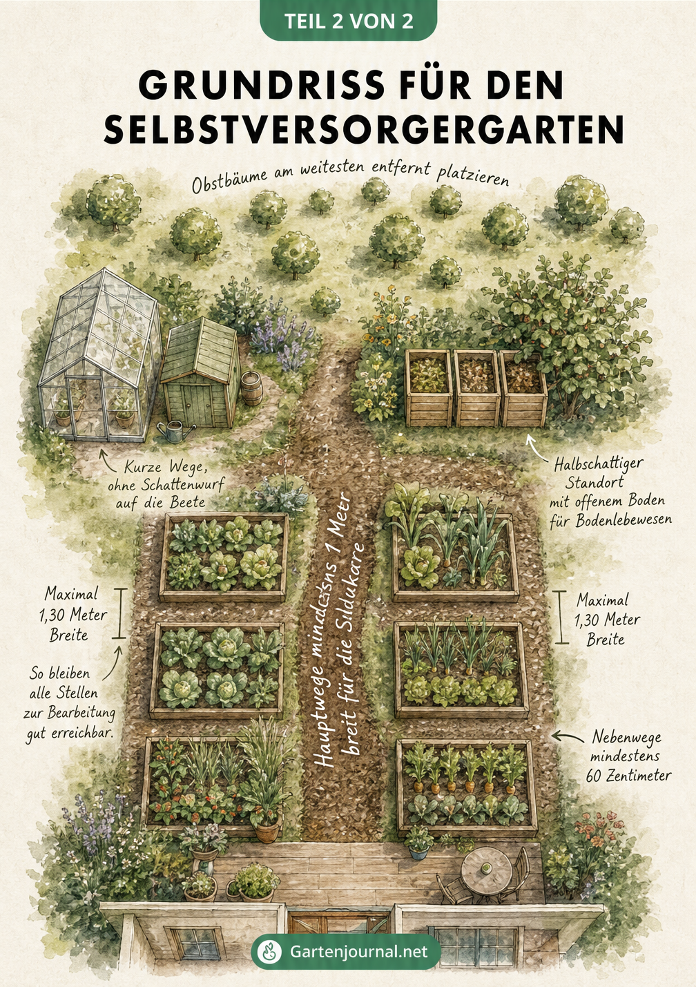 Aquarellierter Grundriss für einen Selbstversorgergarten mit Beeten, Wegen, Gewächshaus und Kompost